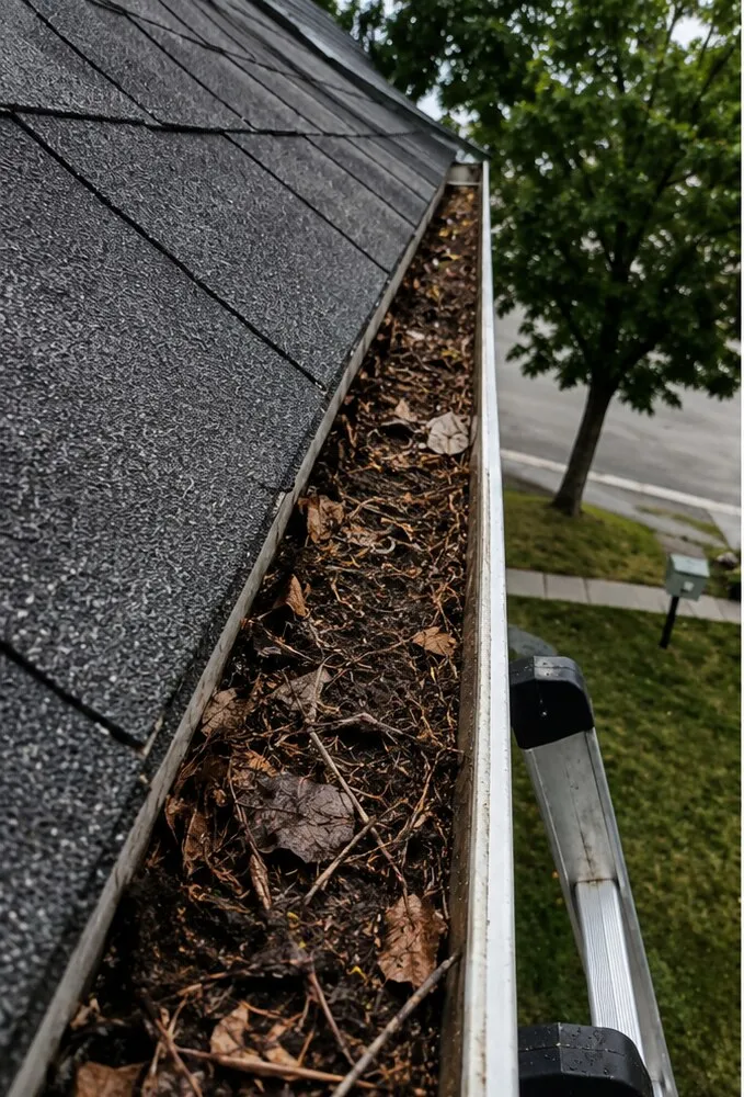 Gouttière obstruée par les feuilles mortes et les débris avant le nettoyage