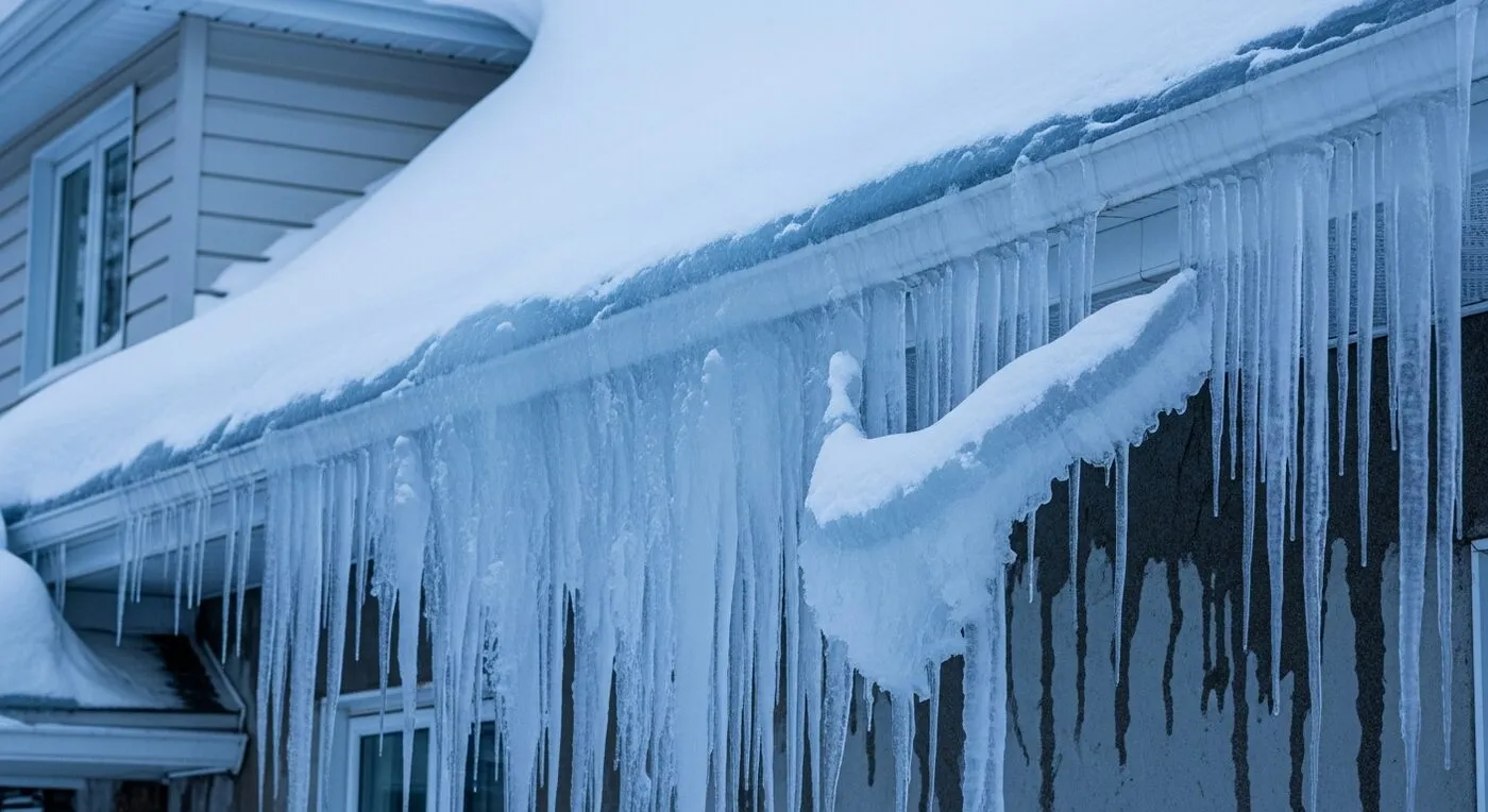 Barrage de glace et glaçons sur la gouttière d'une maison en hiver au Québec